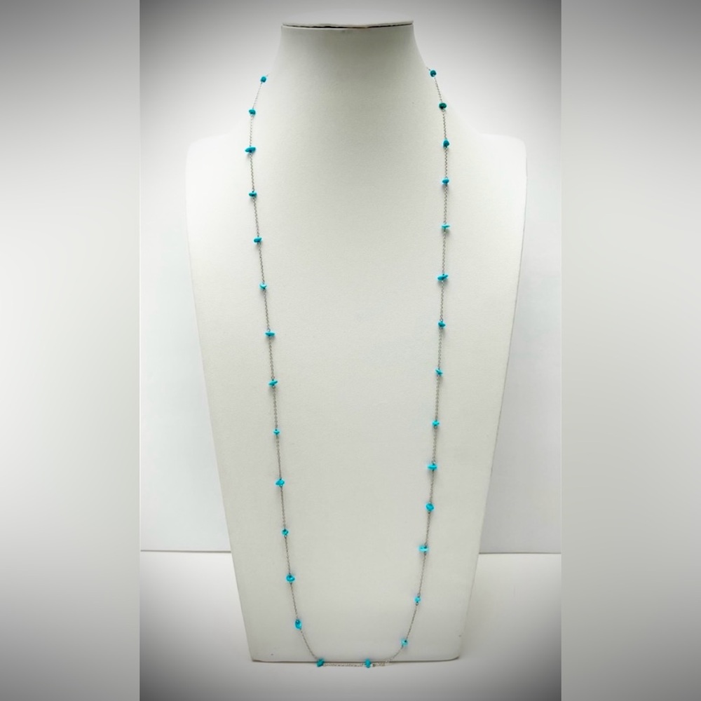 Vintage Turquoise Stone Chip Sterling Silver Chain Necklace 36”